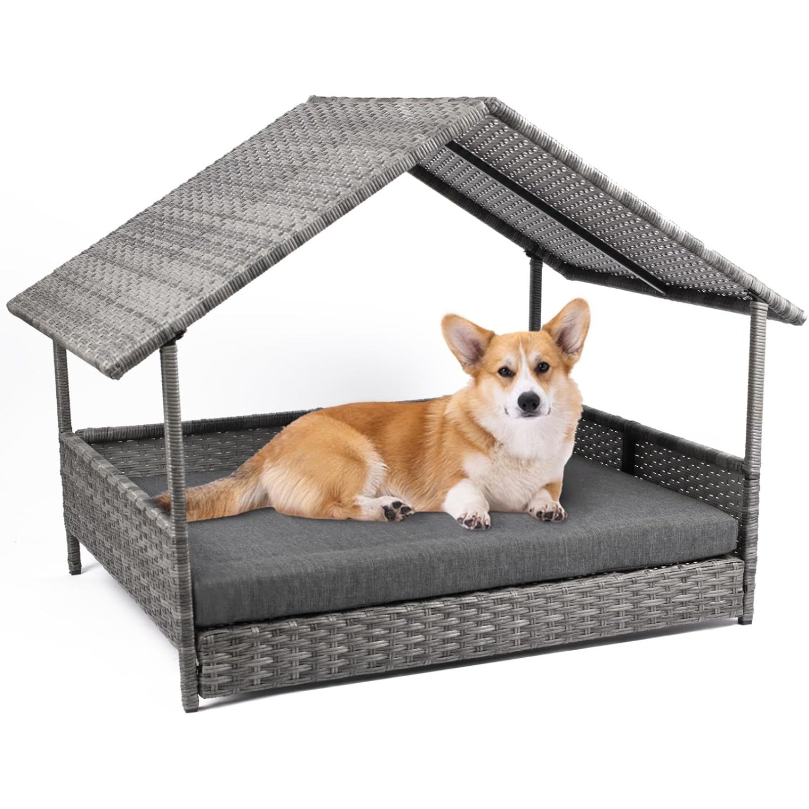 Wicker Dog House - Outdoor Indoor Removable Canopy Bed Set