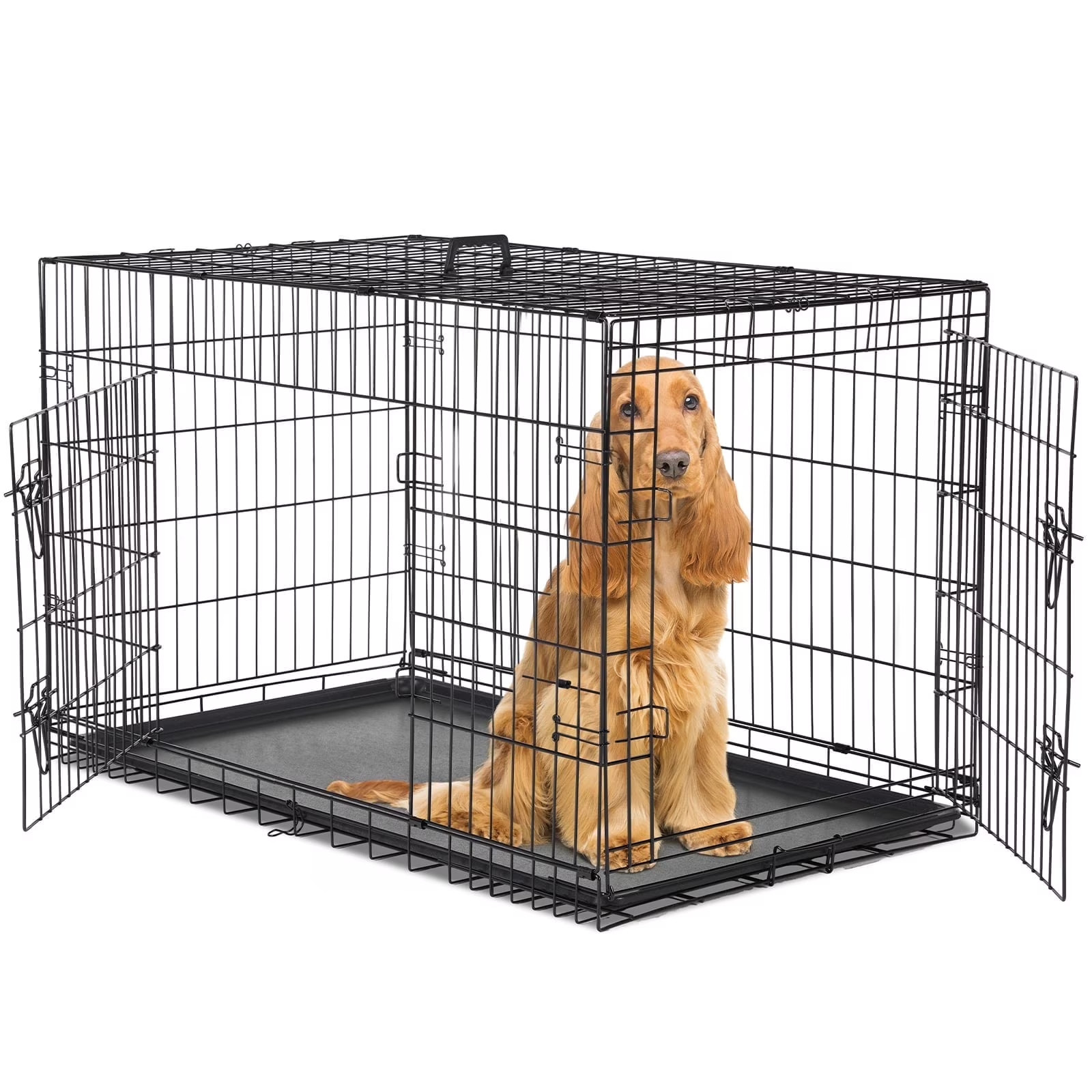 Extra Large Dog Crate Kennel Metal Cage with 2 Doors and Tra...