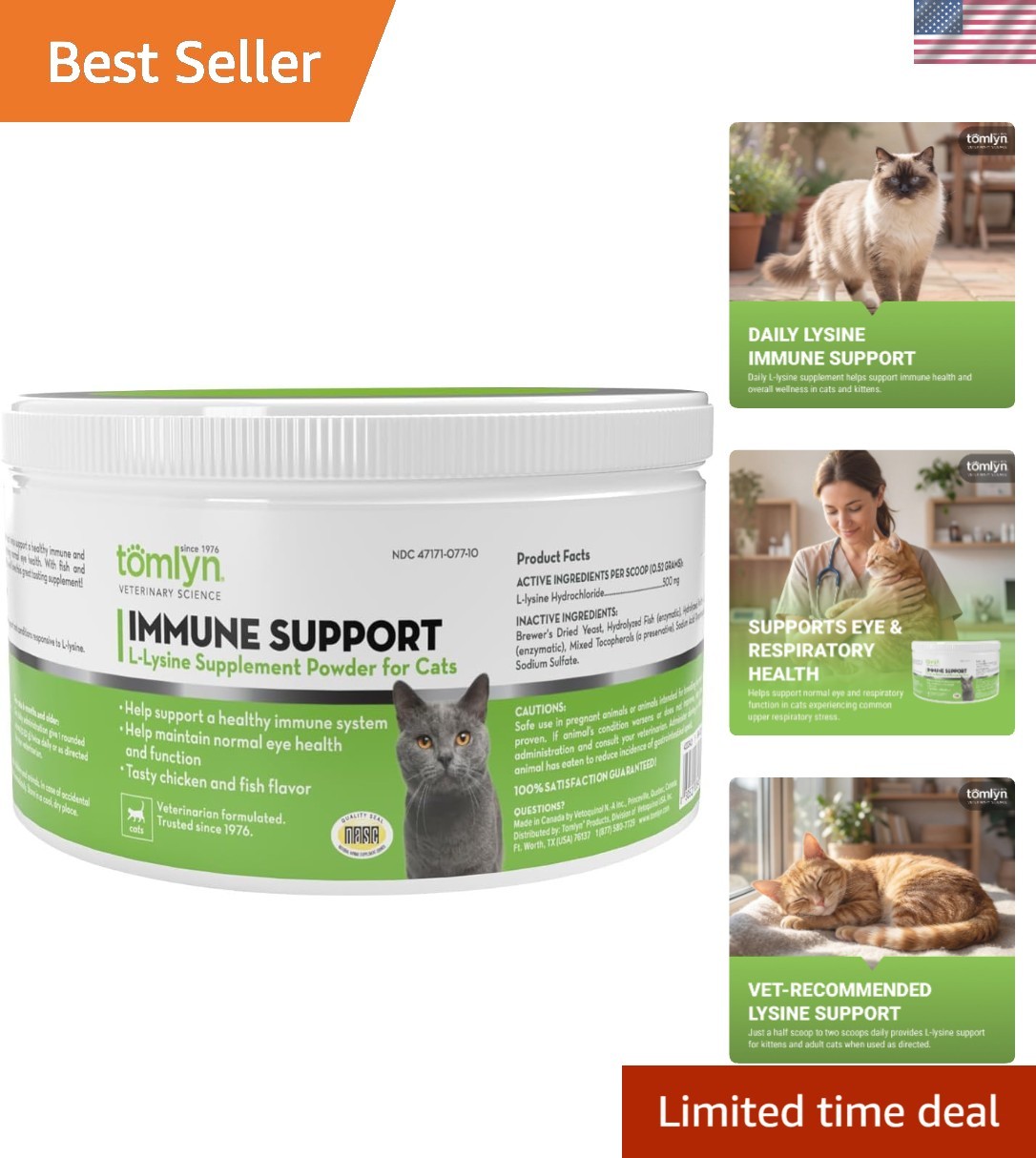 Tomlyn L-Lysine Powder Immune Support for Cats Fish Flavor 3...