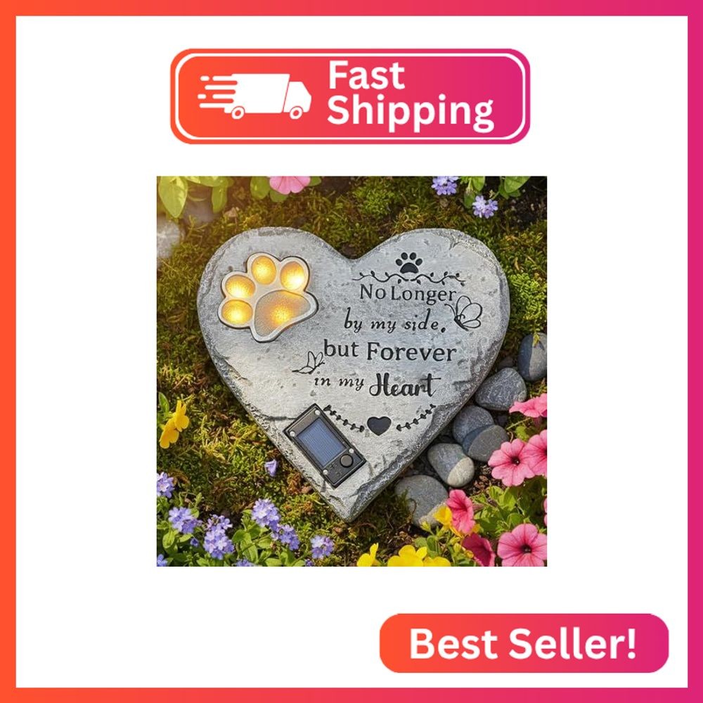 YHSOLAR Pet Memorial Stone Glowing Paw Print Heart Statue -...