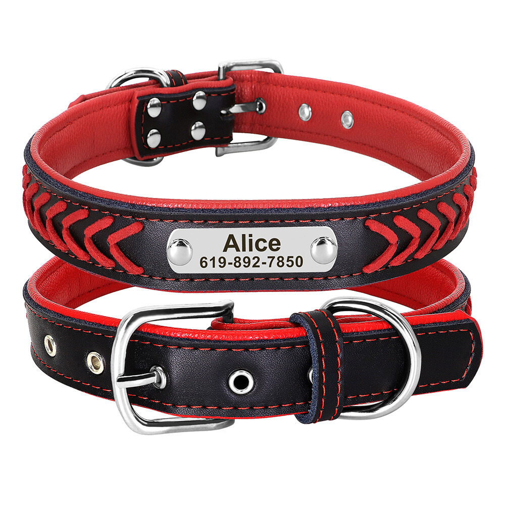 Personalized Dog Collar Braided Leather Padded Name ID Tag E...