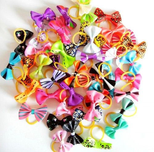 10Pcs Assorted Pet Grooming Ribbon Cat Dog Hair Bows W/Rubbe...