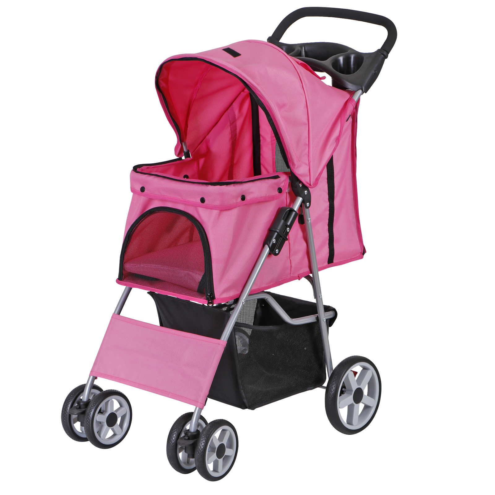 Pink Foldable Pet Stroller for Cats & Dogs - Travel Basket C...