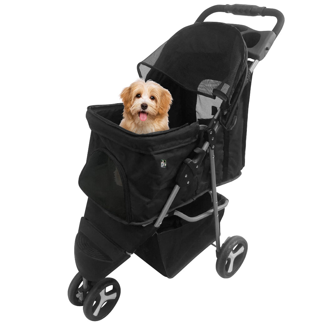 Foldable Pet Stroller - Black, 3 Wheels, Dog Carrier with Cu...