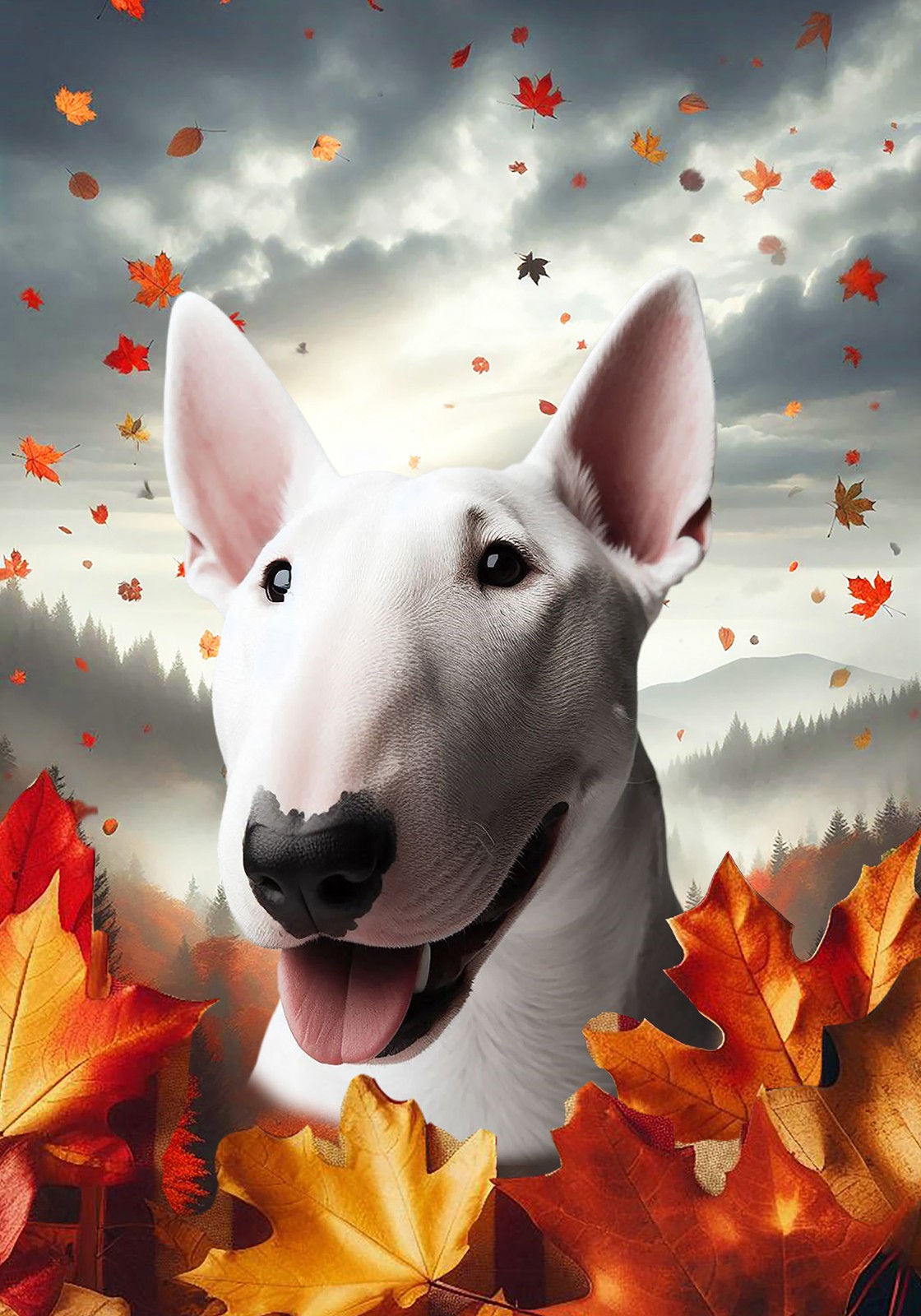 White Fall Leaves Bull Terrier Flag