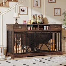 63" Double Dog Crate Furniture W/ Drawers & Shelves, Retro B...