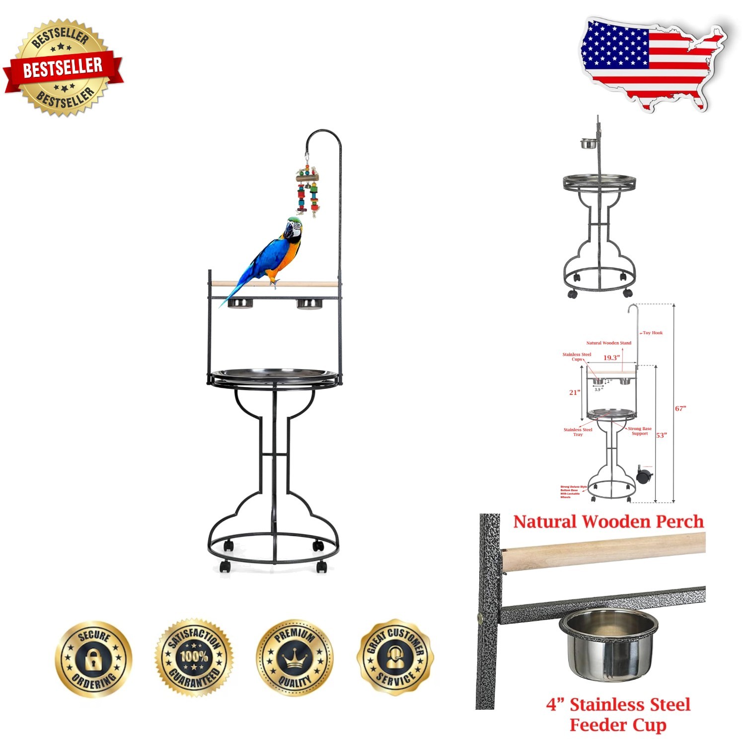 Wrought Iron Parrot Play Stand Gym - 67 Inch Tall Rolling Ca...