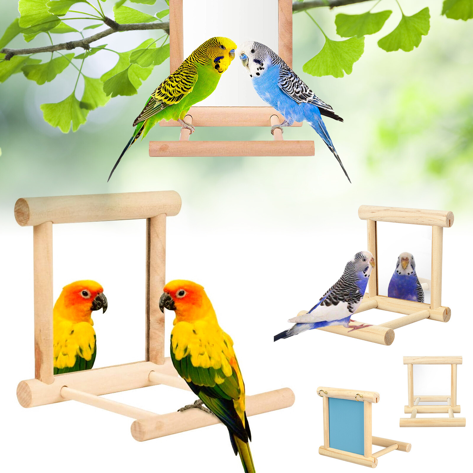 Parrot Bird Cage Swing Chewing Wooden Mirror