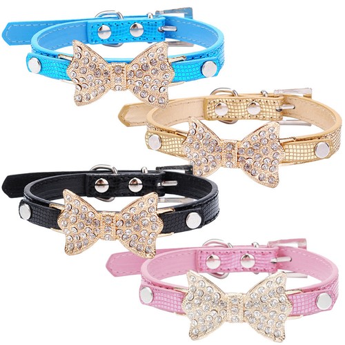 Pet Dog Collar Pu Leather Adjustable Puppy Cat Rhinestone Bo...