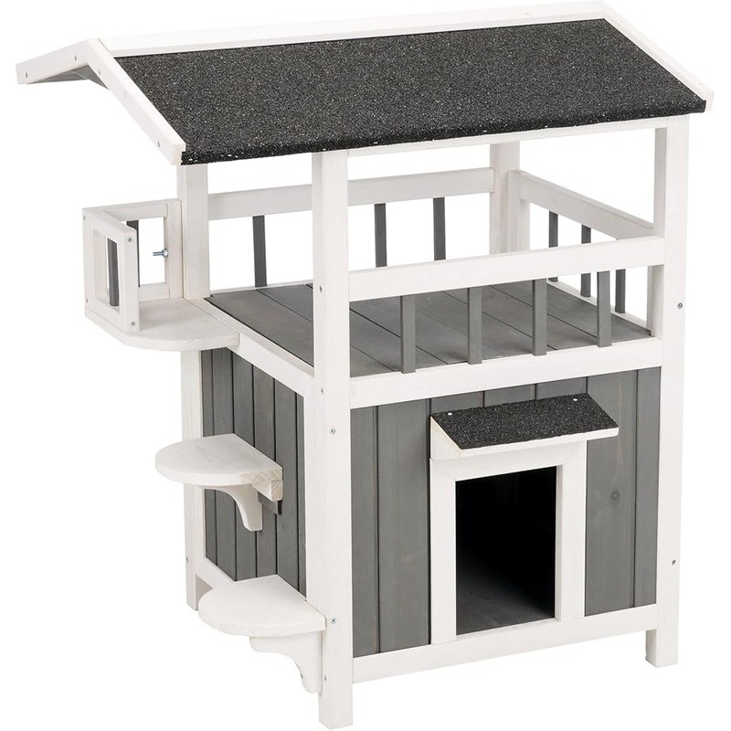 Indoor-Outdoor Wooden Cat House - 2-Story Balcony Shelter