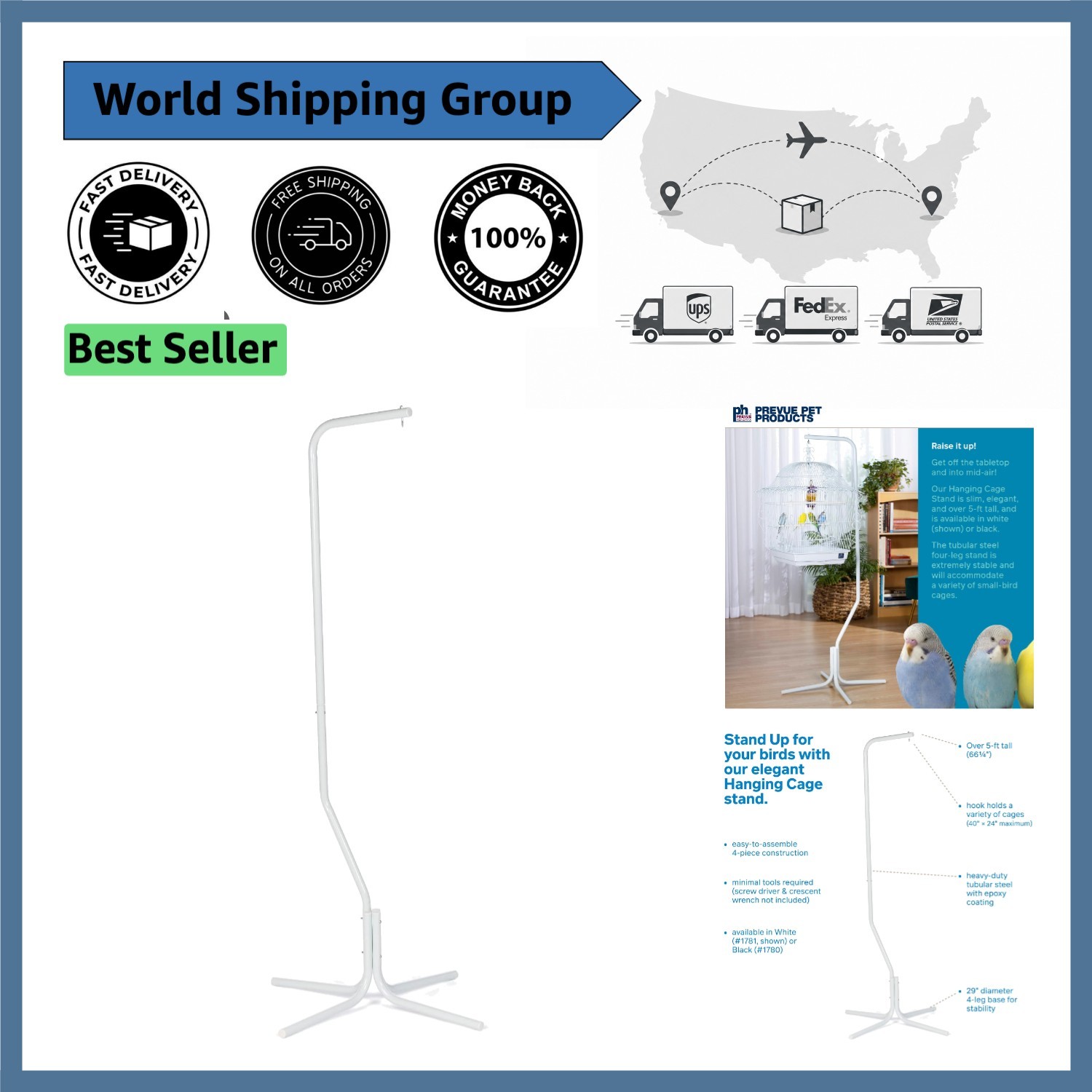 Elegant Tubular Steel Bird Cage Stand 24" x 62" Secure & Sty...