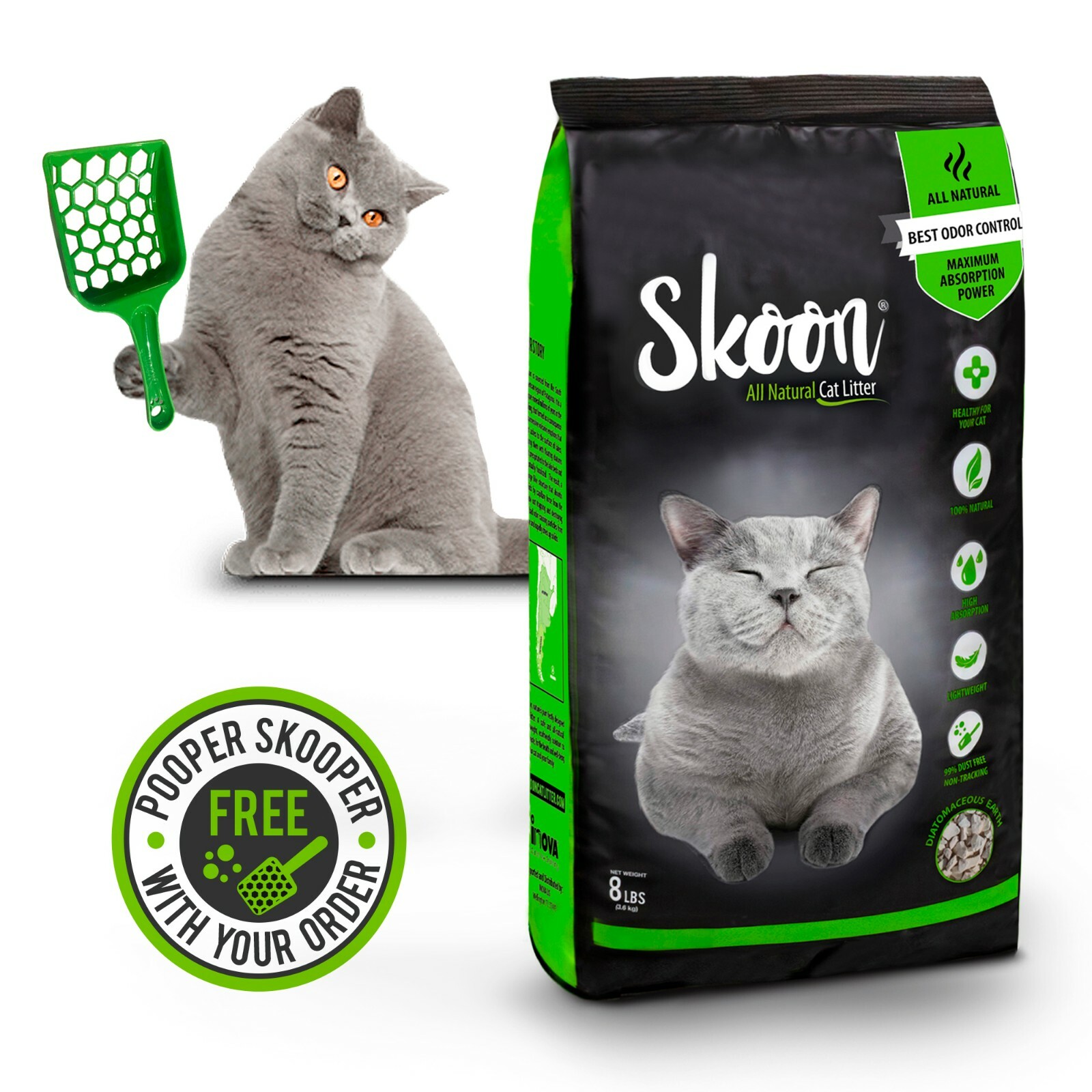 Skoon All-Natural Cat Litter, 8Lbs + Free Pooper Skooper