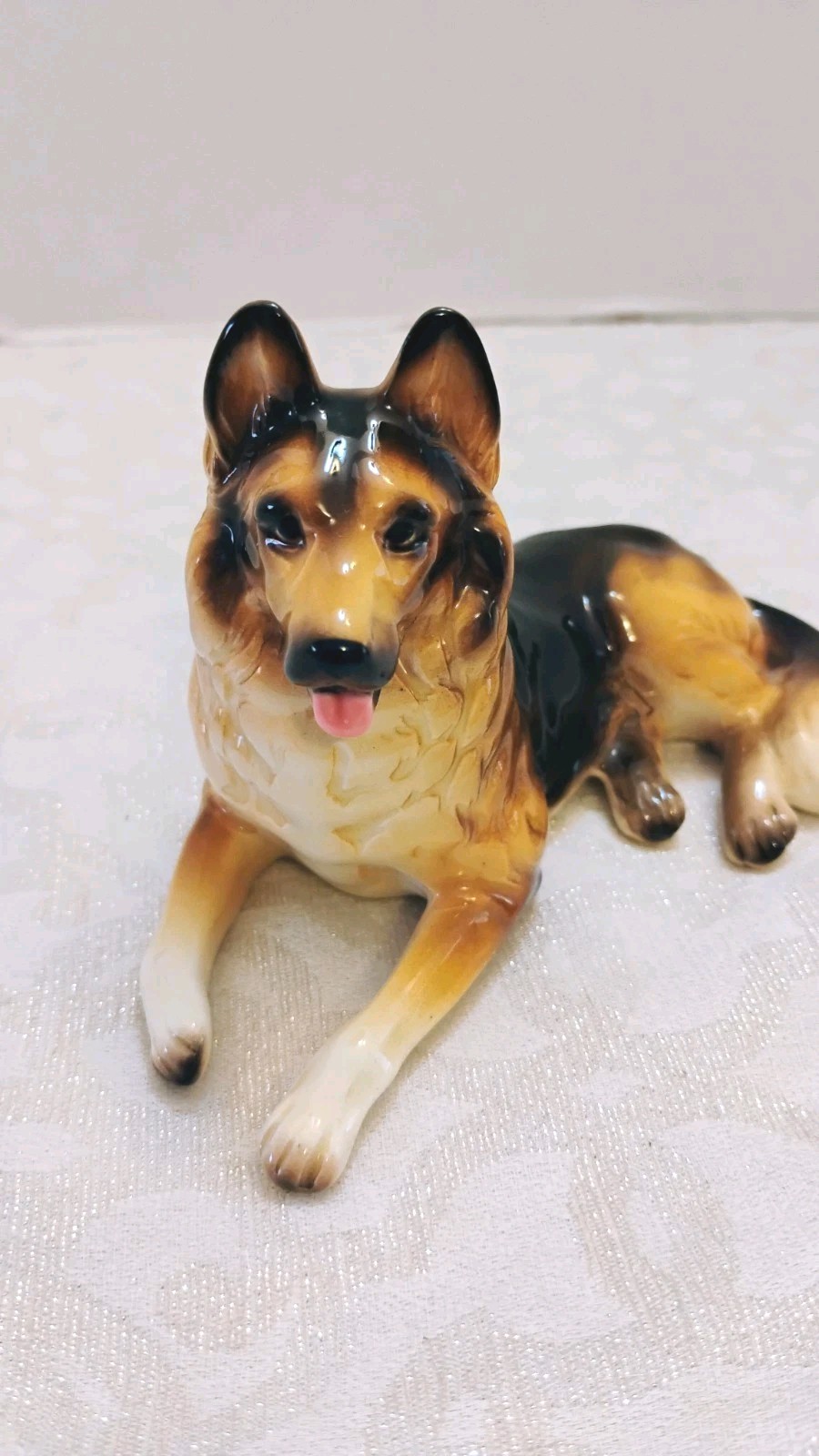 Vintage MCM Porcelain German Shepherd Figurine Laying Down T...