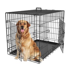 Foldable 36-Inch Metal Dog Crate with Double Doors and Tray