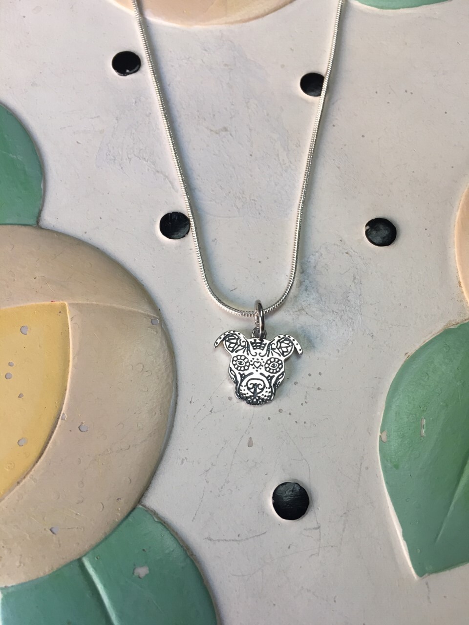 Pit Bull Mini Charm Necklace - Sugar Skull Design - 18 Inch