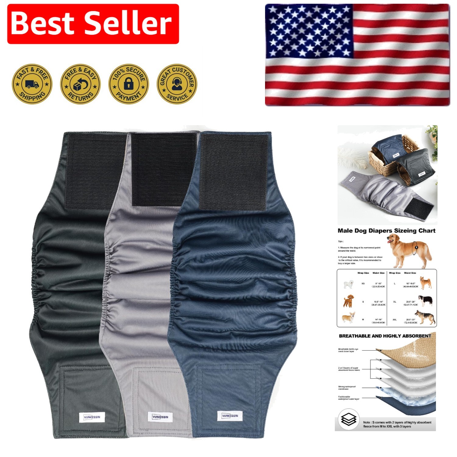 Comfortable Dog Diaper Wraps - Pack of 3 Stylish Colors