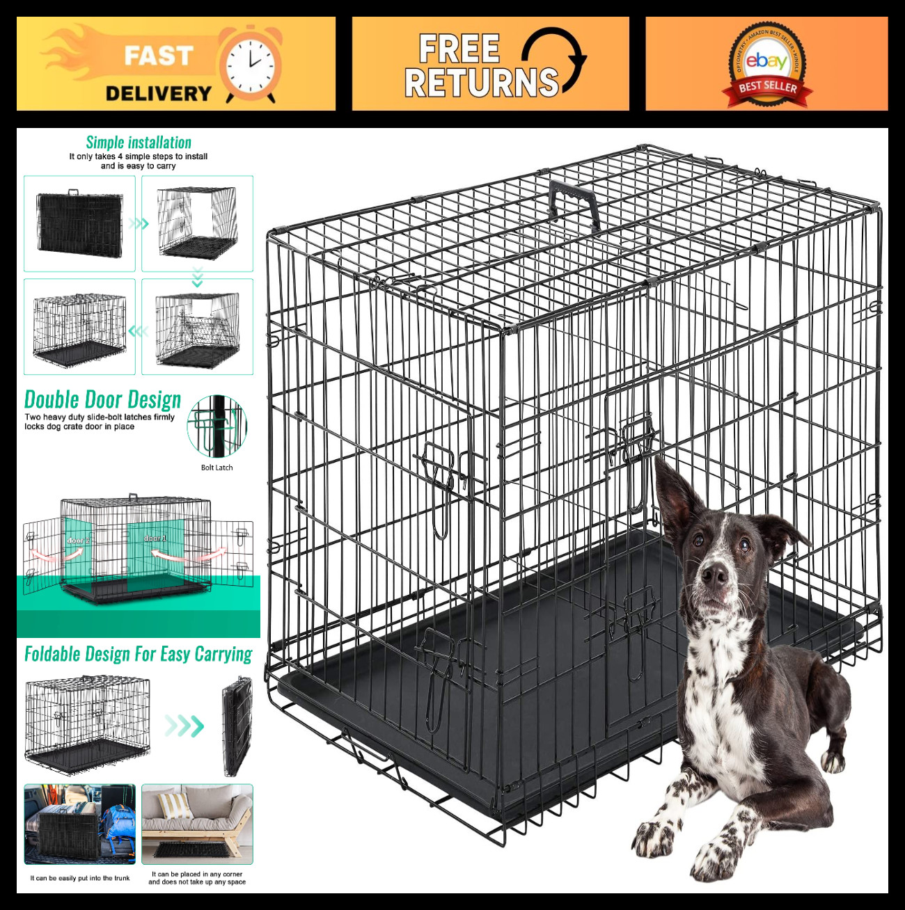 Large Dog Crate, 42" Foldable Metal Wire Kennel with Double...