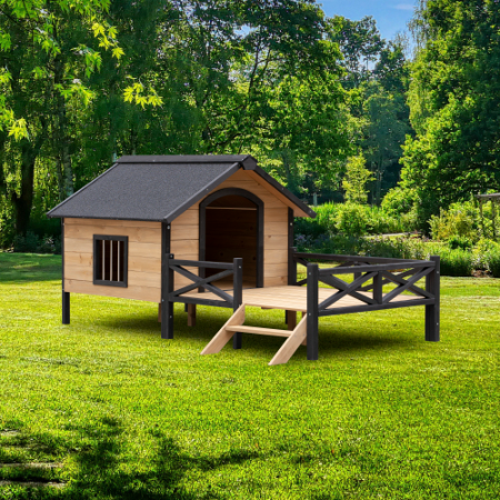 Outdoor Wooden Dog Kennel - Large Cabin Style Porch