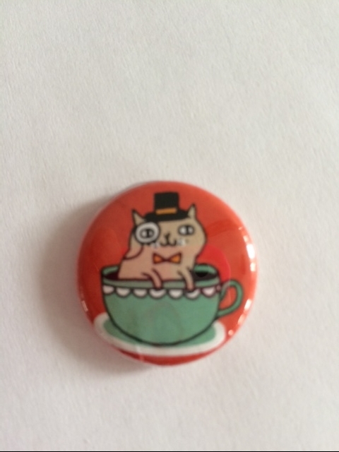 Tea Cup Cat Button Pin Supports Feral Cats & Rescued Kittens...