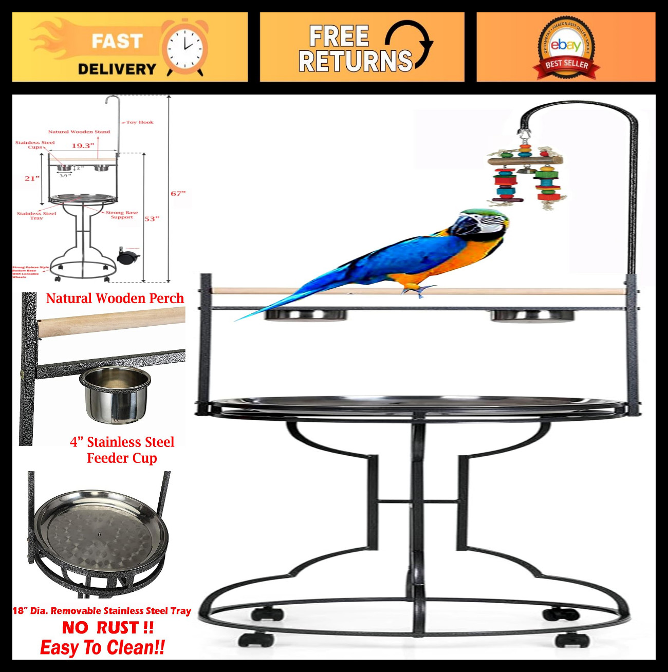 Wrought Iron Parrot Play Gym Stand - Rolling Legs - Stainles...