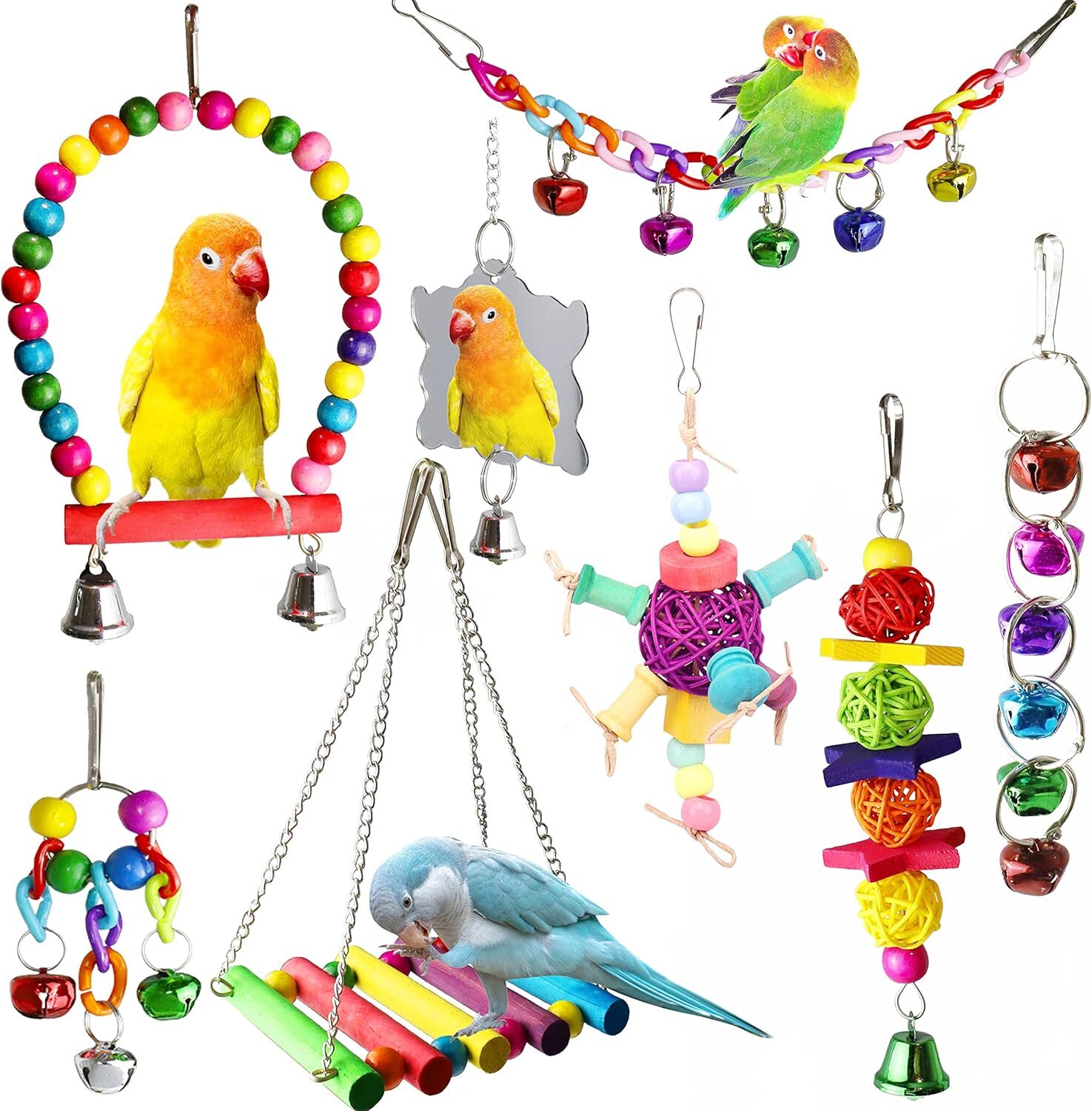 Parakeet & Cockatiel Bird Toys Set: Hanging Bell Cage Hammoc...