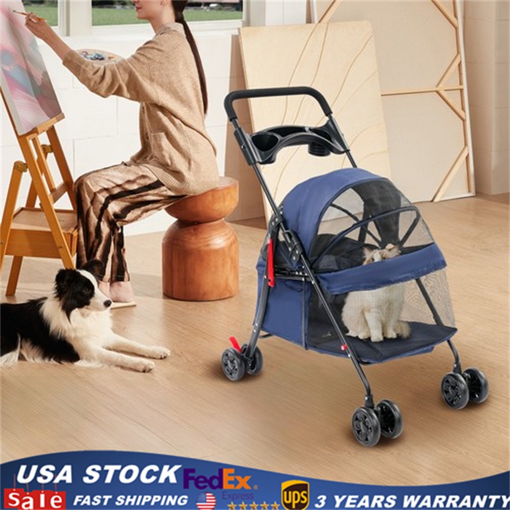 Blue Foldable Pet Travel Stroller with 4 Wheels