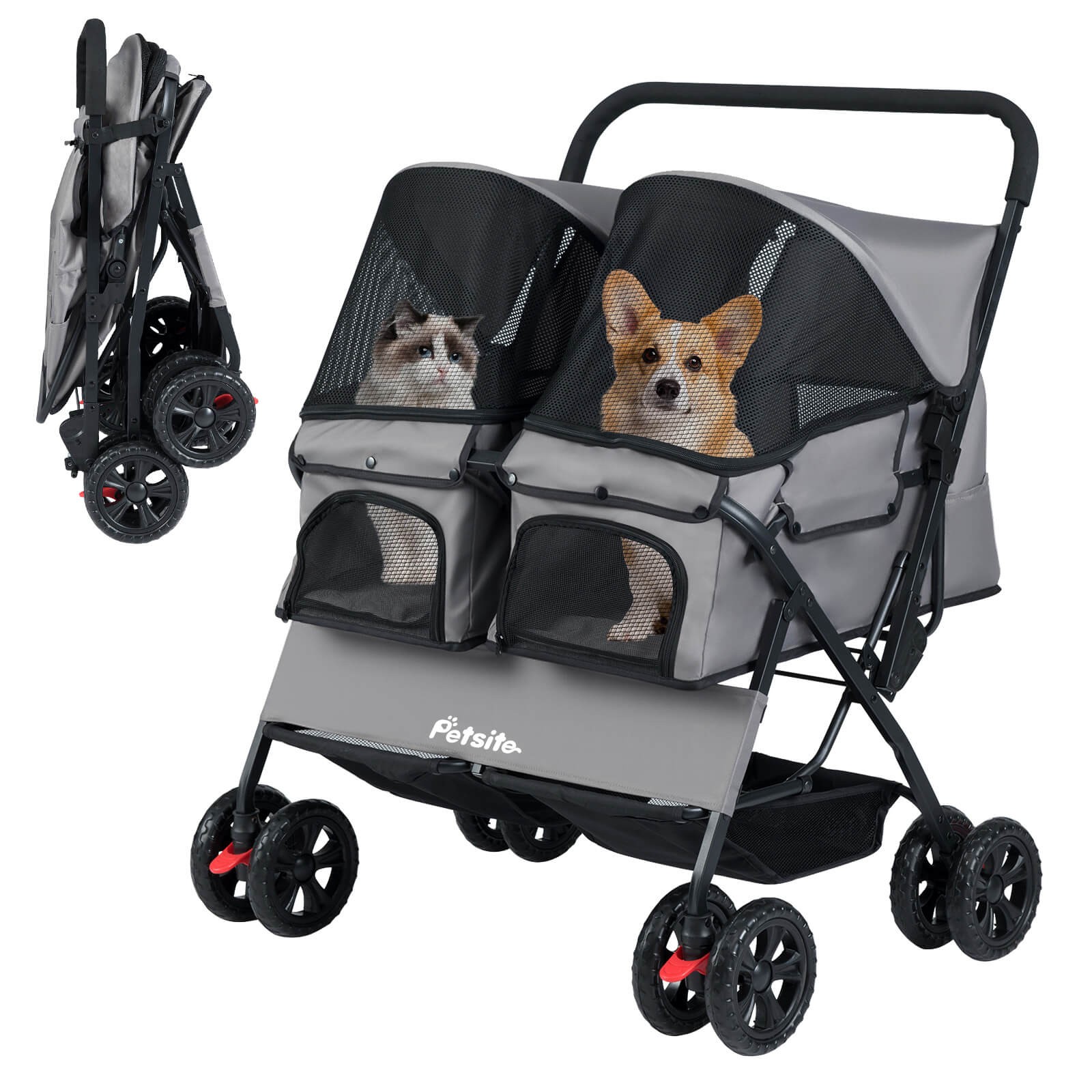 Adjustable Pet Stroller with 2-Seater Carrier and Sunshade P...