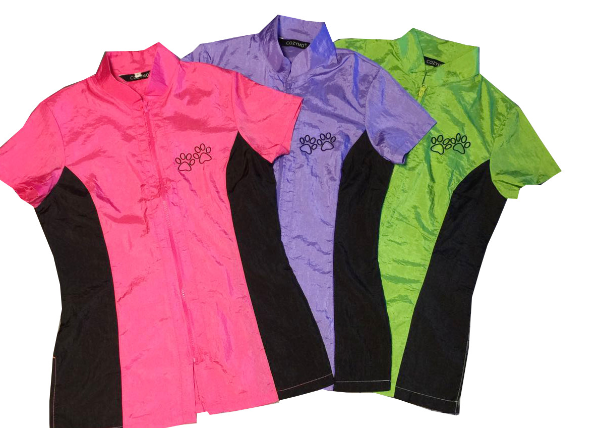Two-Tone Embroidered Nylon Smock for Grooming Front Zipper