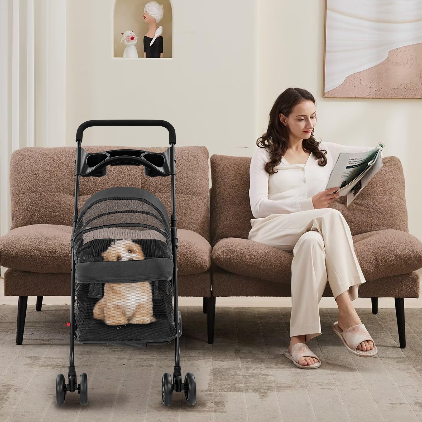 Foldable Pet Stroller for Dogs & Cats - Black Travel Cart