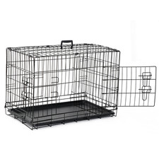 Dog Crate 30" Double Doors Folding Metal Black Pet Cage