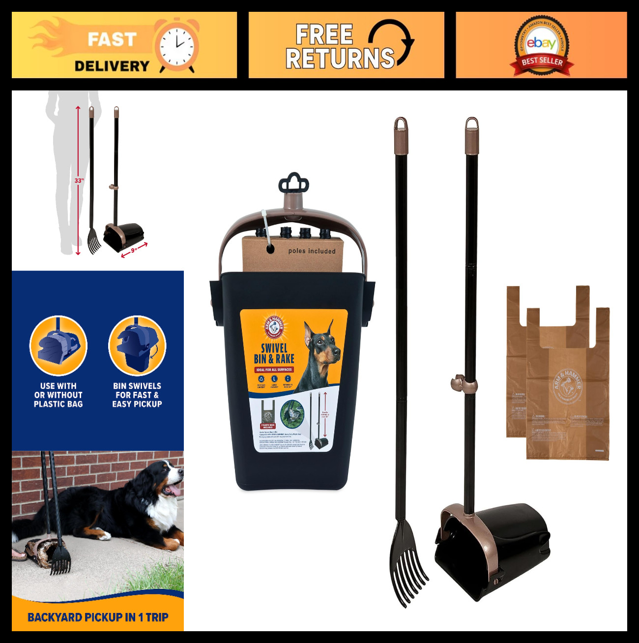 Heavy Duty Dog Pooper Scooper with Swivel Bin & Rake Set