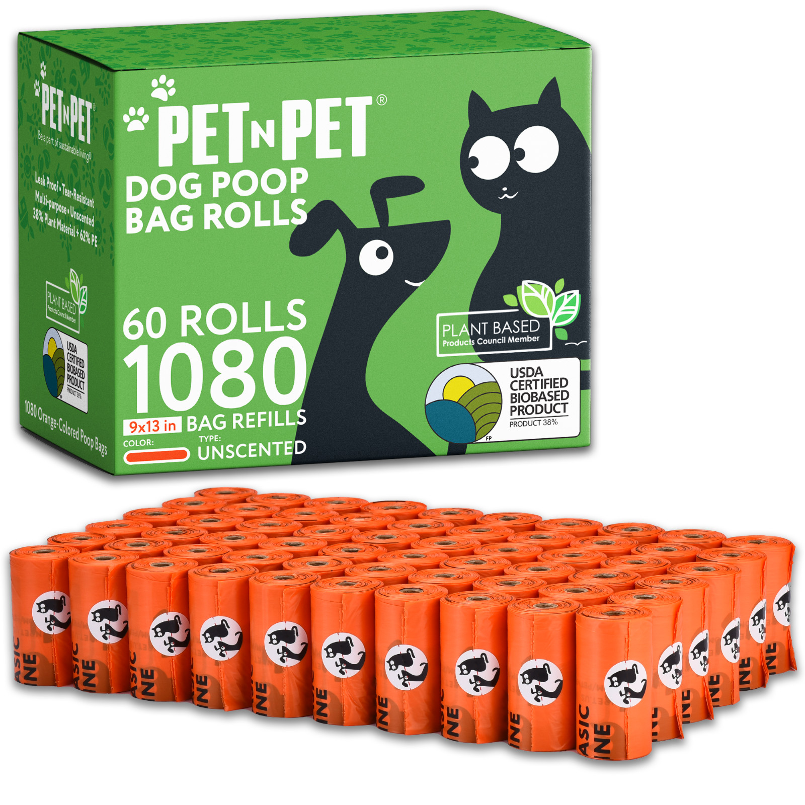 Pet Poop Bags - Orange, Dog Waste, 62% Plant-Based, 38% PE M...