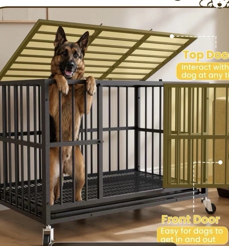 Heavy Duty Pet Dog Cage - 46" Metal Crate with Wheels & Tray