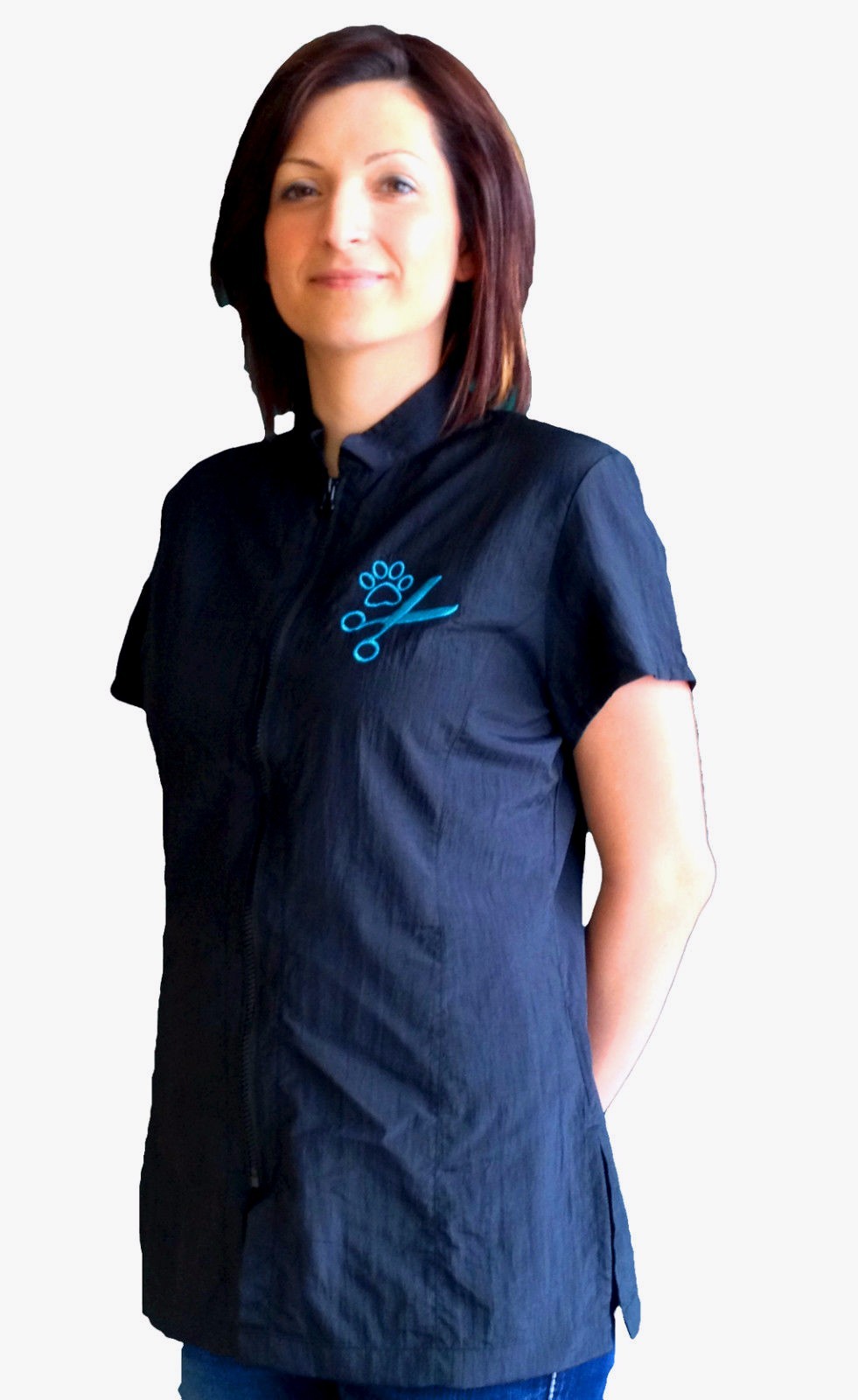 Grooming Embroidered Zip-Up Smock Uniform Short Sleeve Unifo...