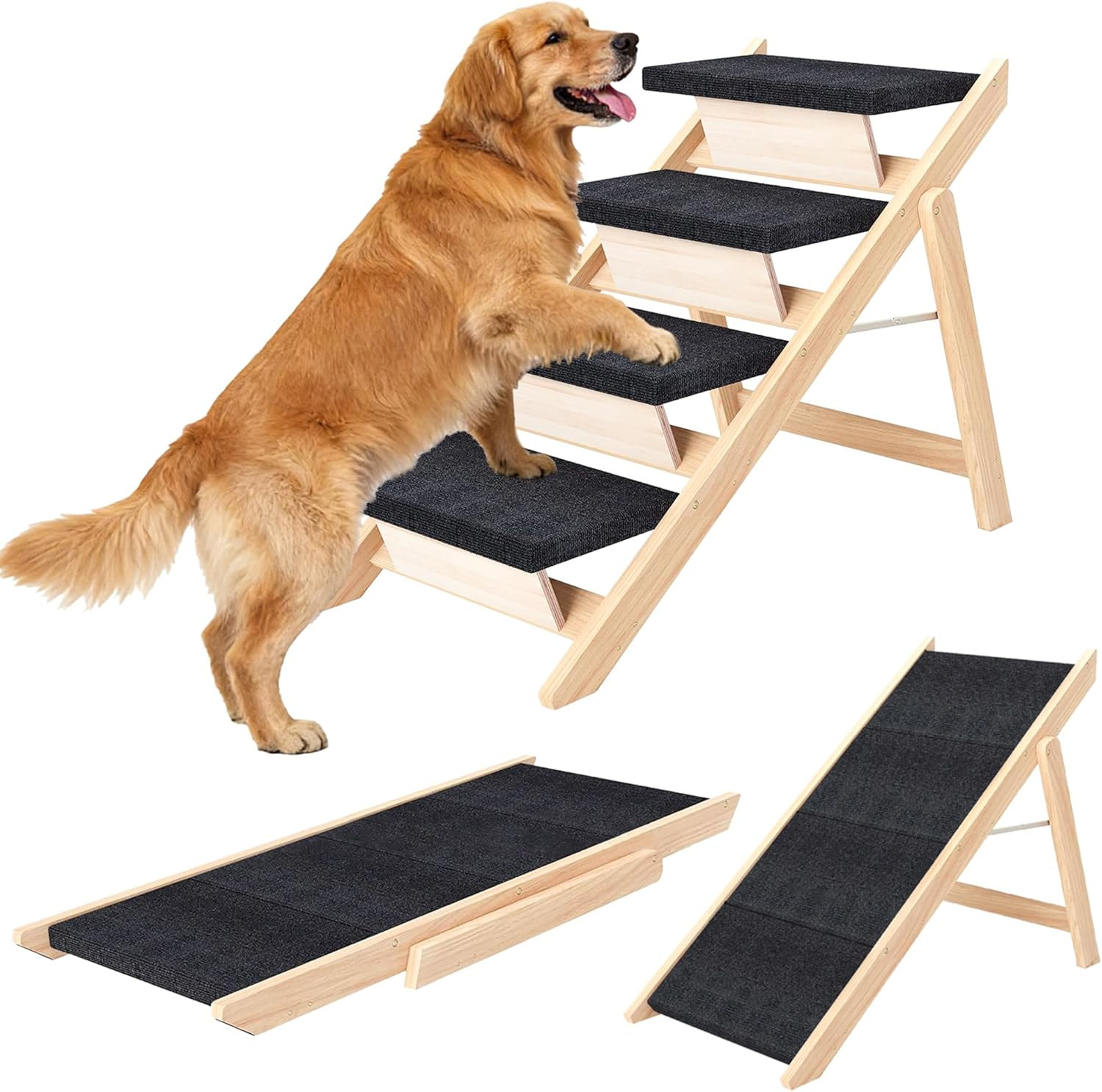 Portable Dog Bed Stairs & Ramp - Wooden Foldable 2-In-1