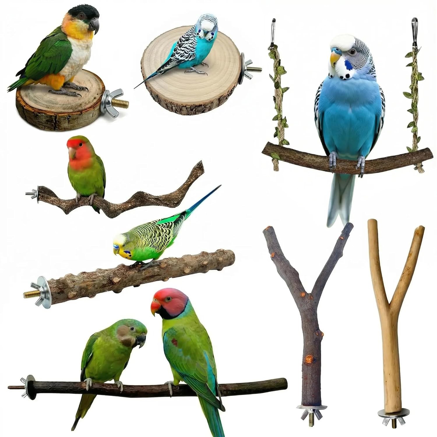 Natural Bird Perches Set - Parakeet Cage Perches - 6 Pieces