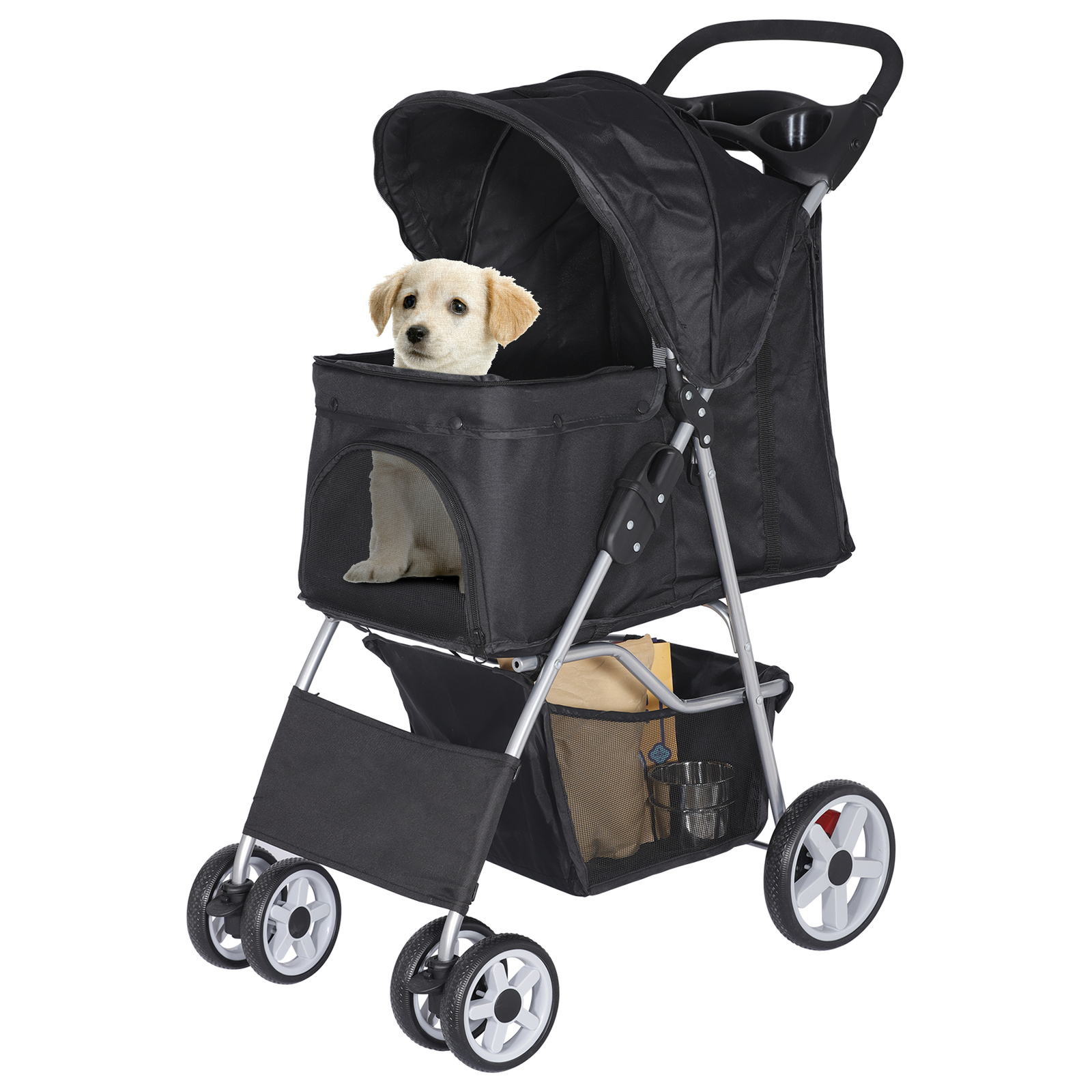 Small Medium Dog Stroller Travel Folding Carrier with Cup Ho...