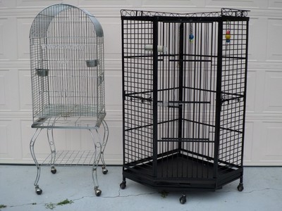 2 Large Bird Cages, Wrought Iron Corner Cage And Silver Cage...