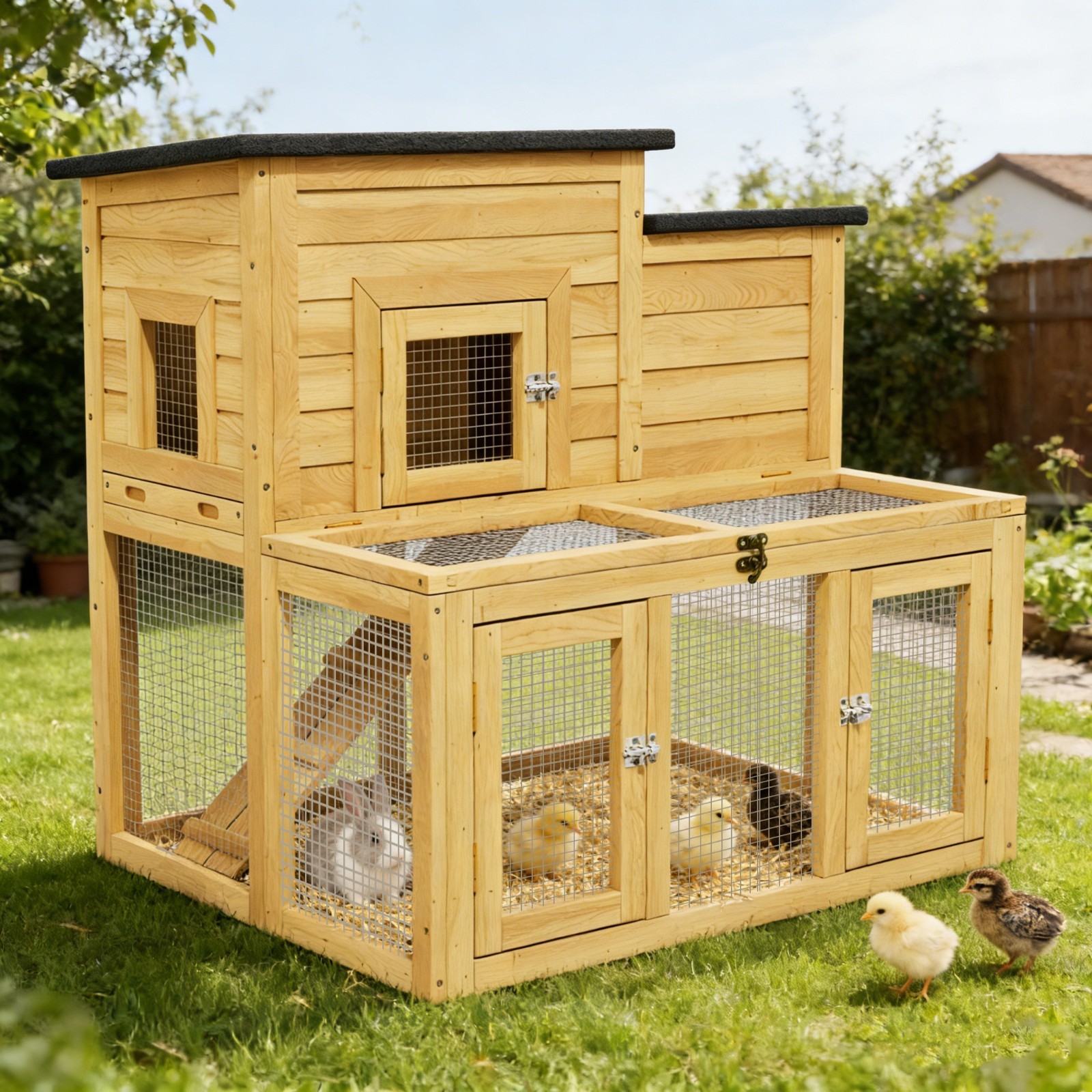 Outdoor Wooden Quail Cage Chicken Coop with Run & Ramp - 2 T...