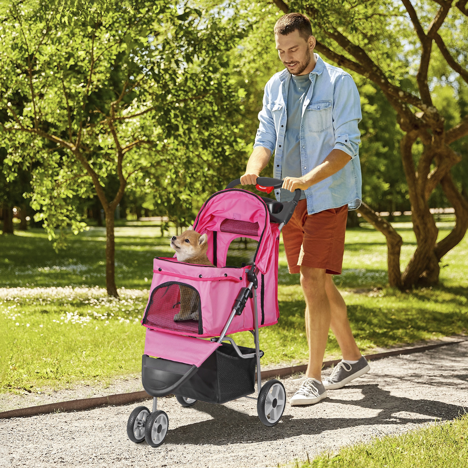 Foldable Pet Stroller for Dogs & Cats - Pink, 3 Wheels